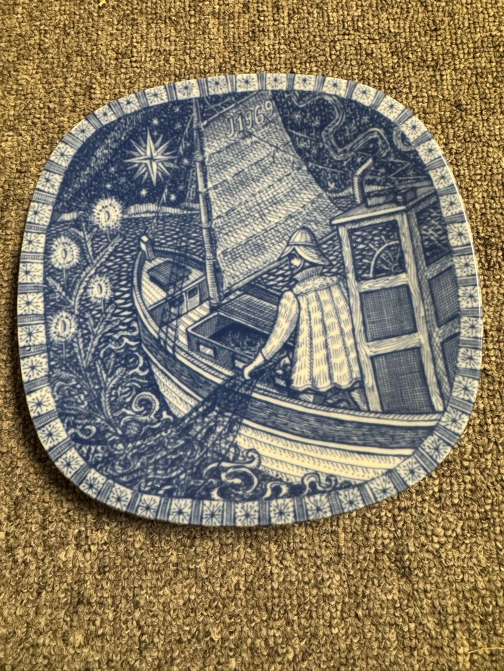 Rorstrand Blue & White Nautical Decorative Plate - Sailor Scene 1969